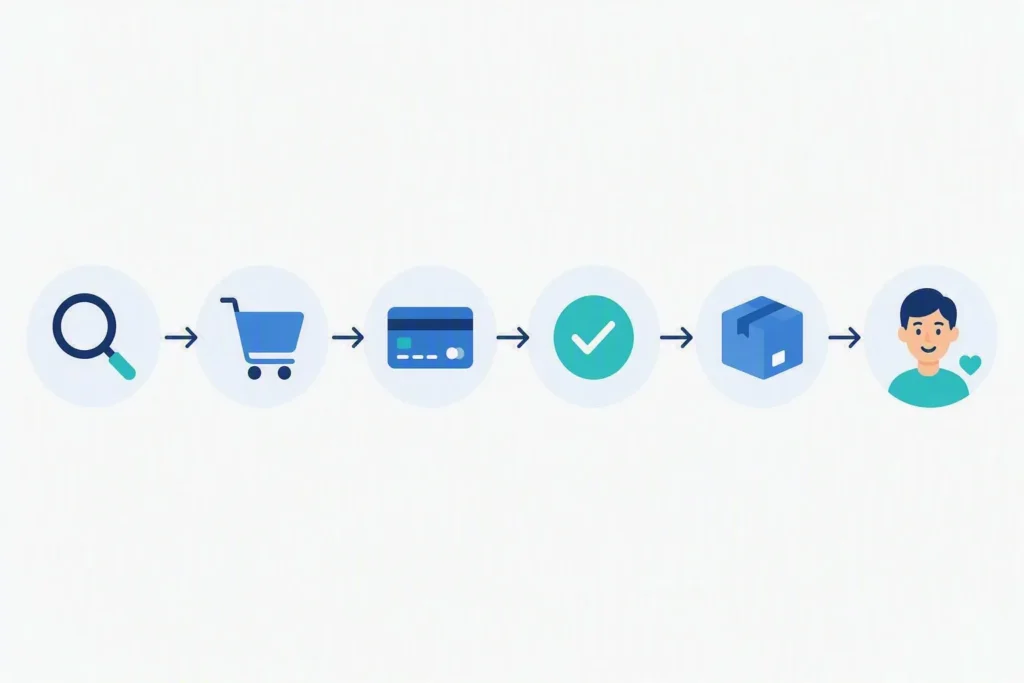 Proceso paso a paso de una compra en e-commerce, desde selección hasta entrega