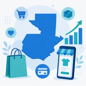 Panorama del comercio electrónico en Guatemala con mapa y elementos de tienda en línea