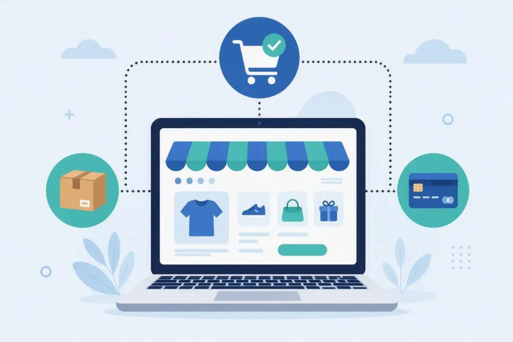 Ilustración de comercio electrónico con tienda en línea y proceso de compra