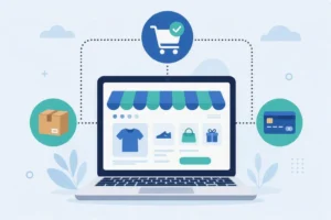 Ilustración de comercio electrónico con tienda en línea y proceso de compra