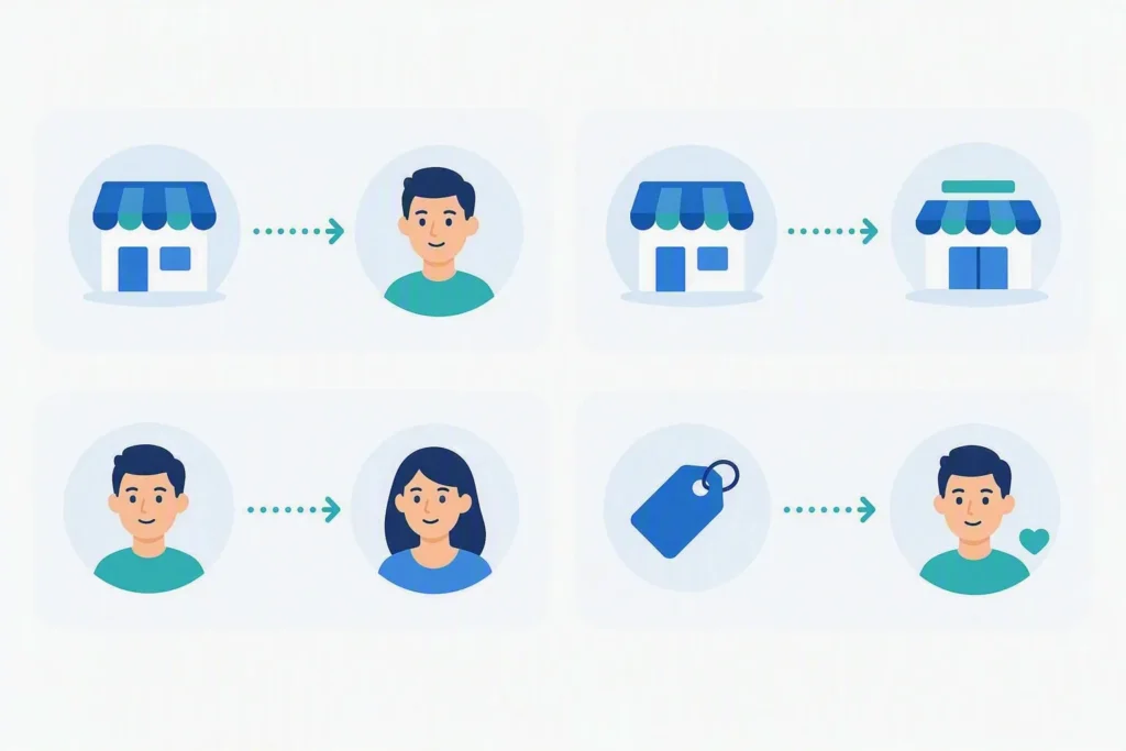 Ilustración de los diferentes tipos de comercio electrónico B2C, B2B y C2C